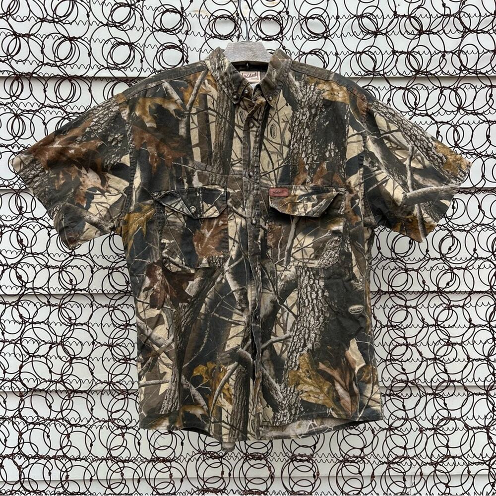 Vintage Woolrich Camo Realtree Hardwood Short Sleeve Button Up Hunting Shirt MED